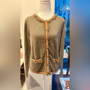 Kier + J Cashmere Fringed Trim Cardigan Gray/Orange M – NWOT Soft Luxe